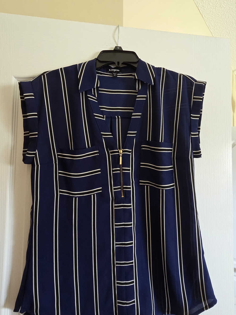 Express Navy and White Vertical Stripe Zip Blouse